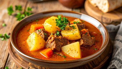 Close-Up of Traditional Hungarian Goulash with Beef and Vegetables