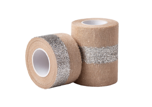 Two rolls of beige adhesive tape, wound around cores.  A silver strip runs horizontally through the center of each roll