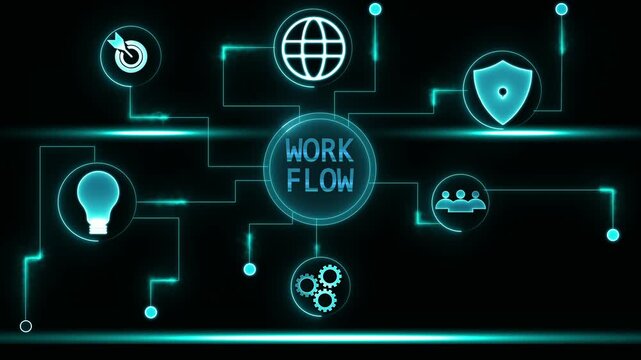Digital workflow diagram with glowing neon icons representing goals ideas team security and process on a dark background with connecting lines and light effects business technology concept - Powered by Adobe