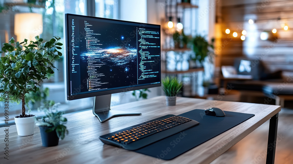 Poster modern workspace featuring computer monitor displaying code, surrounded by plants and warm