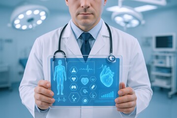 Doctor Holding Digital Tablet Displaying Medical Data in Operating Room Setting, Representing Healthcare Technology