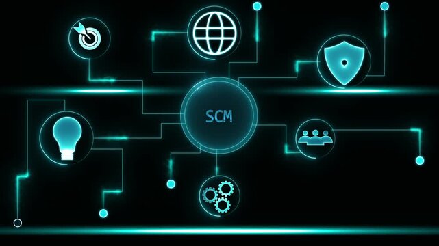 Supply Chain Management S C M Network Diagram Icons Global Logistics Strategy Business Operations Efficiency Innovation Security Teamwork