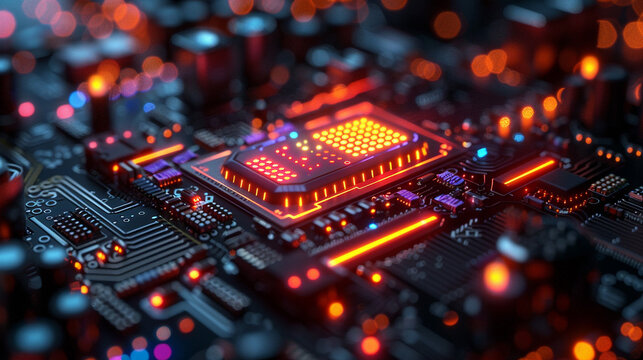 Glowing CPU on circuit board with bokeh background, for tech visuals