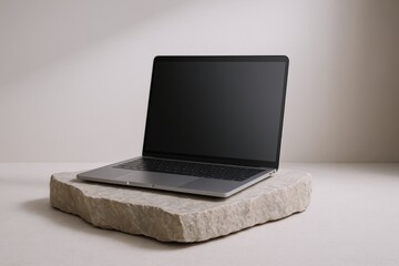 Sleek Laptop Display Mockup on Stone Platform for Technology and Modern Lifestyle Presentation