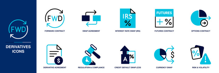 Derivatives Blue Colored Outline Icon Set