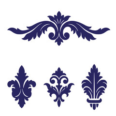 Elegant vector design elements featuring flourishes in a dark blue color scheme