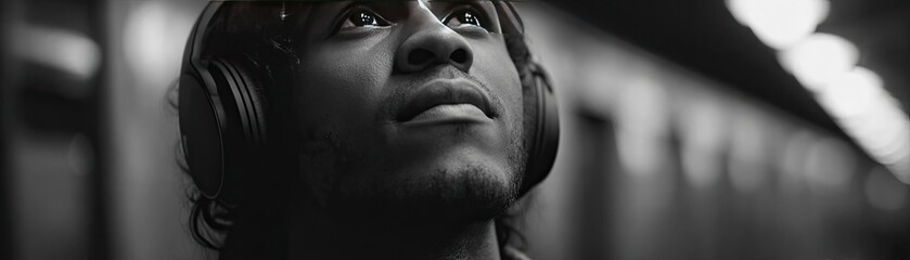 Black and white photo captured in subway concept. A thoughtful young man listening to music with headphones.