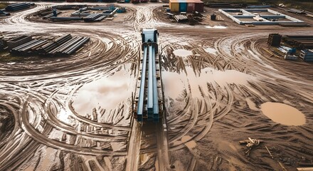 Aerial view of a muddy construction site with metal pipes and puddles. The ground is uneven and shows tire tracks. There are various construction materials visible. 