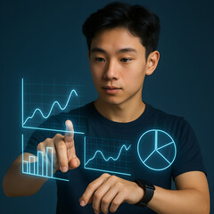 A young professional uses advanced holographic data visualization technology, interacting with glowing charts, bar graphs, and pie diagrams. The futuristic interface represents innovation, analytics, 
