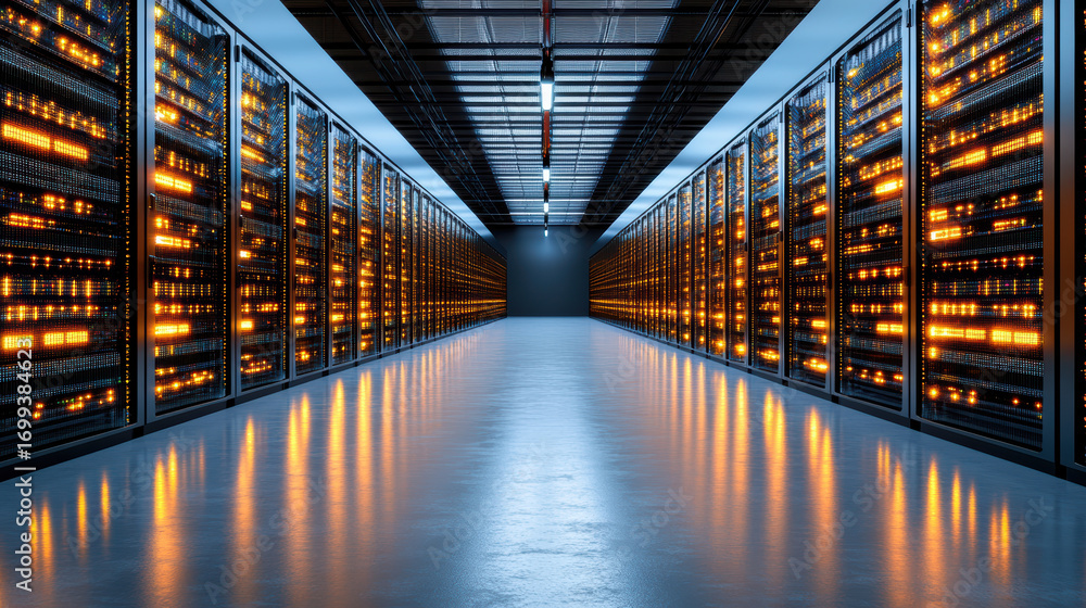Poster massive data center with rows of glowing servers, showcasing advanced technology and efficiency