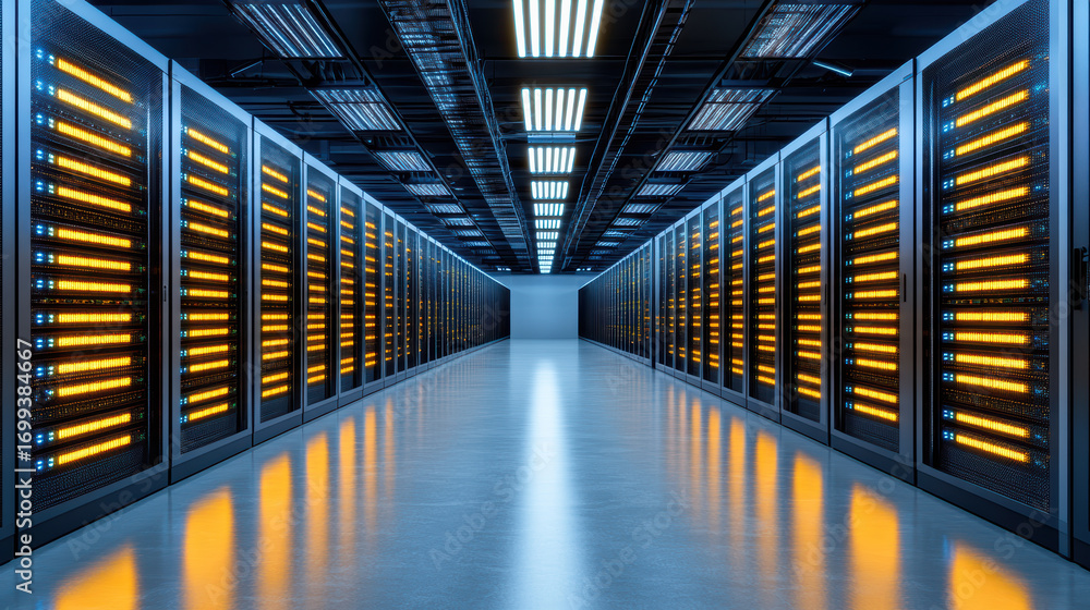 Poster massive data center with rows of glowing servers, showcasing advanced technology and efficiency