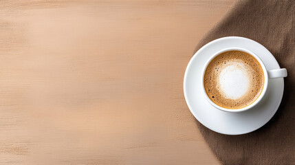 Obraz premium Aromatic coffee in white cup on brown fabric