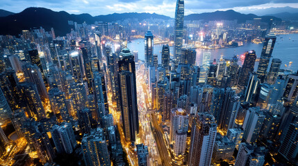 Obraz premium Aerial view of vibrant city skyline night, showcasing illuminated skyscrapers and bustling