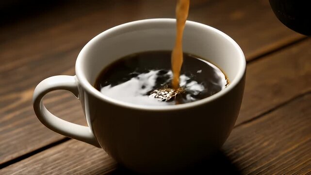Close-up cinematic shot of pouring hot, fresh coffee into a white ceramic mug on a wooden table