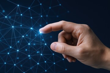 Human Hand Touching a Digital Node Point, Representing Connectivity, Networking, or Data Transmission