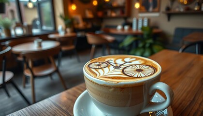 Intricate bicycle latte art adorns a cappuccino in a cozy cafe setting, tasty, barista