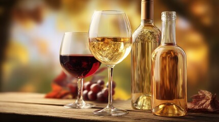 Naklejka premium Elegant Wine Selection: Red, White, and Rosé Wines on Wooden Table with Autumnal Background