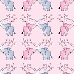 Seamless pattern with cute two elephants playing in the heart-shaped water. Vector illustration.