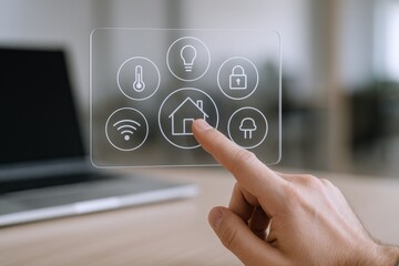 Smart Home Automation System Interface Display with Hand Touching Control Icons, Conceptual Technology Illustration