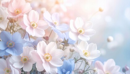 Close-up view of pastel anemone flowers, capturing delicate petals and soft colors