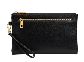 Black leather clutch bag with gold zipper isolated on transparent background