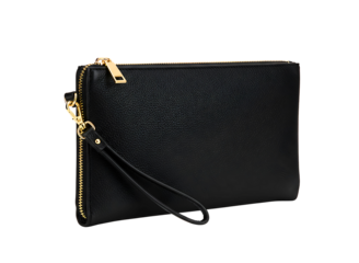Black leather clutch bag with gold zipper isolated on transparent background