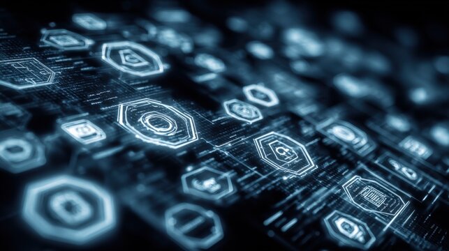 Abstract Digital Technology Interface with Glowing Icons for Data Processing and Cyber Security