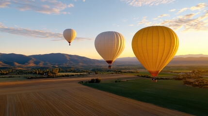 Obraz premium Hot air balloons float gracefully above scenic landscape at sunrise, creating serene atmosphere