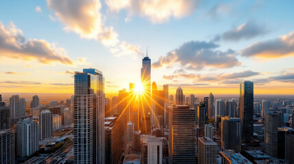 Obraz premium Stunning sunrise light spilling between high rises vibrant metropolis, creating breathtaking