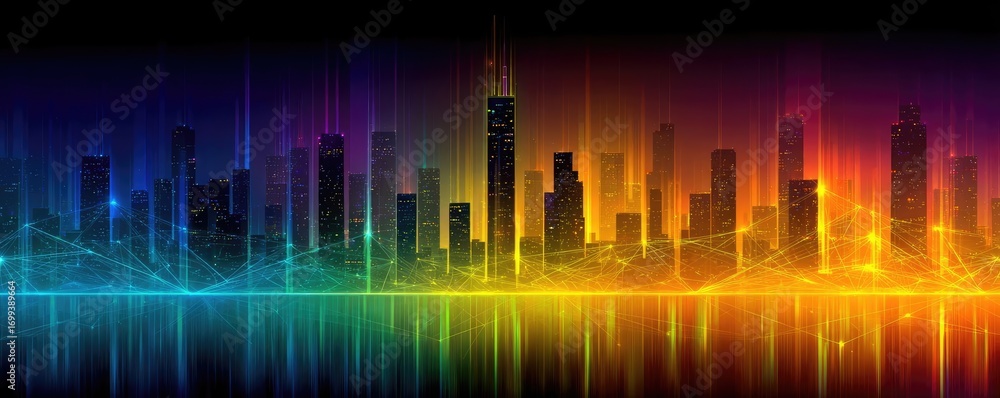 Poster digital transformation strategies modernizing business concept. vibrant city skyline with colorful l