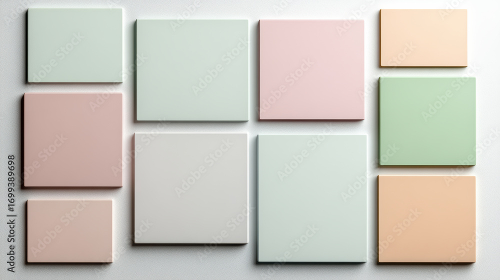 Poster pastel color squares arranged in grid layout, showcasing soft hues and modern design