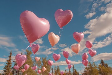 Pink heart shaped balloons floating against a bright blue sky