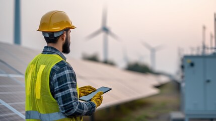 Obraz premium Engineer Inspecting Solar Panels and Wind Turbines for Sustainable Energy Project Success