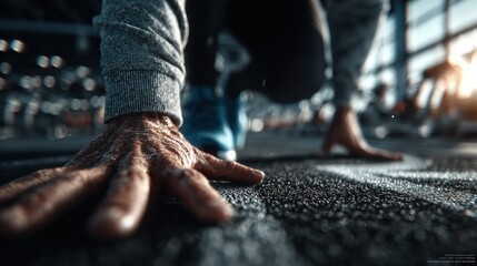 Athlete's Focused Start: Close-up of Hands on Track Ready for Intense Workout