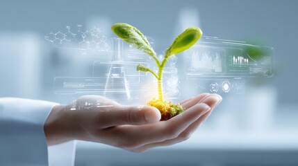 Scientist Holding Sprout with Scientific Data Overlay: Concept of Biotechnology, Agricultural Innovation, and Sustainable Future