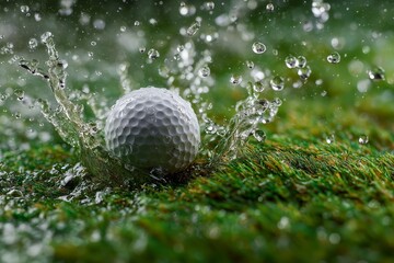 Golf ball splashing into grass creating dynamic water effect in vibrant green field