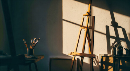 Art Studio with Wooden Easel and Paint Supplies Bathed in Warm Sunlight