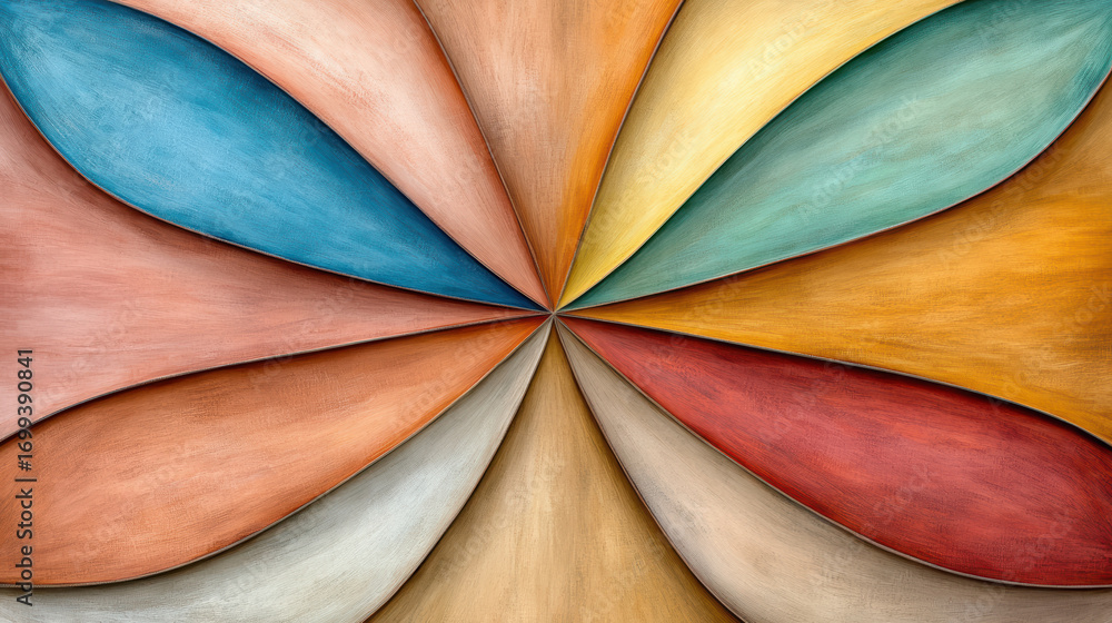 Poster colorful abstract design with curved shapes radiating from center, creating vibrant visual