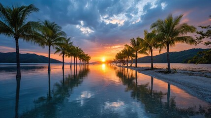 Flooded streets on tropical island after hurricane concept. Serene sunset over a calm lake with palm trees reflecting water.