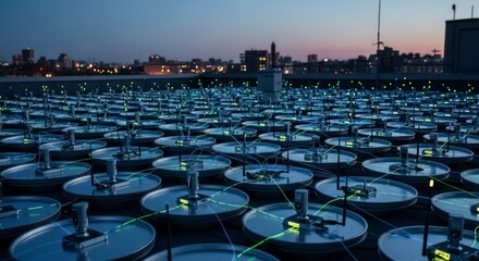 Rooftop Network: Glowing Discs and Cityscape at Dusk