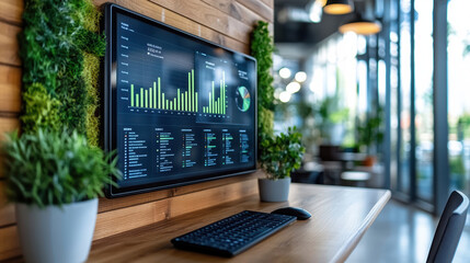 Data visualization tools display graphs and charts in modern office setting