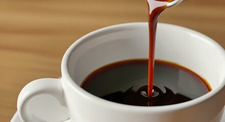 Pouring Dark Coffee Into White Cup on Wooden Table