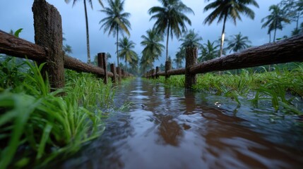 Flooded streets on tropical island after hurricane concept. Tranquil pathway through water and lush greenery under palms.