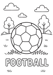 Obraz premium coloring book football ball on grass field with clouds and trees simple background for kids activity