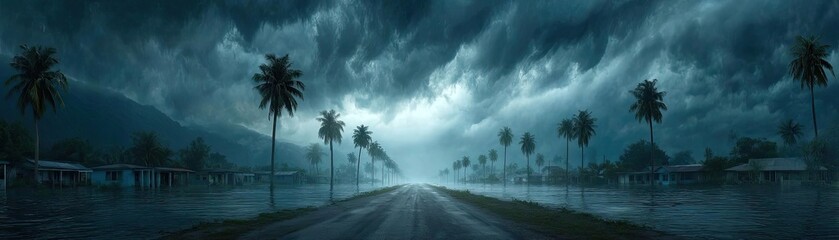 Flooded streets on tropical island after hurricane concept. Moody landscape with palm trees under a stormy sky.