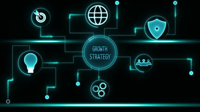 Growth strategy concept diagram with glowing neon icons for business development global expansion innovation security teamwork and operational efficiency on a dark background