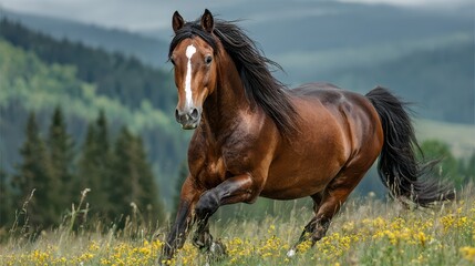 Horse galloping through a vibrant meadow under a cloudy sky in a tranquil mountainous setting