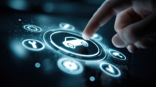 Smart Car Technology Interface: Futuristic Vehicle Control with Touchscreen Navigation and Automated Assistance