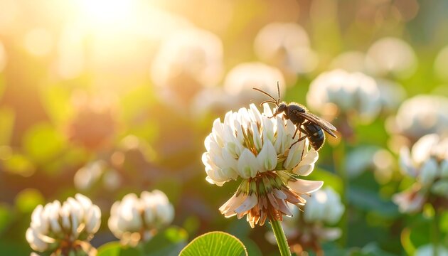 Bee on white clover blossom in golden light, blurred greenery