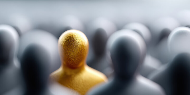 Exploring ai ethics and therapeutics with concept of single yellow figure standing out from crowd symbolizing individuality leadership and responsible innovation